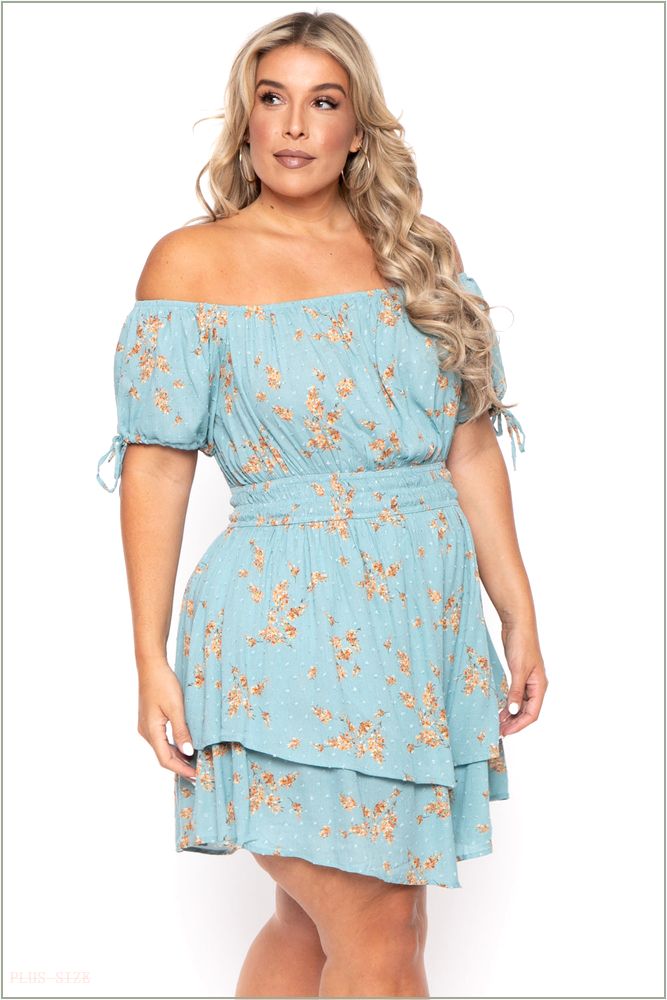  Plus Size Floral Sienna Swiss Dot Dress -Turquoise C47-CS2129-TQ-1X