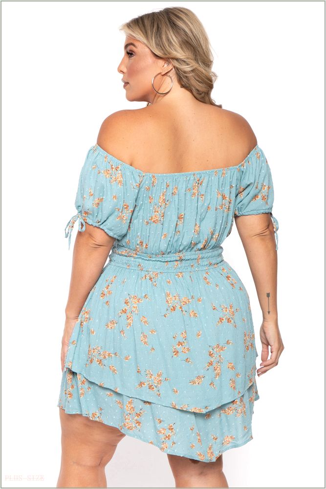  Plus Size Floral Sienna Swiss Dot Dress -Turquoise C47-CS2129-TQ-1X