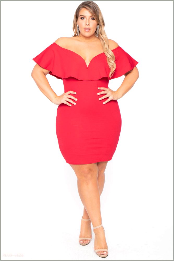  Plus Size Frill Bodycon Dress - Red NG1-CS0071-RD-1X