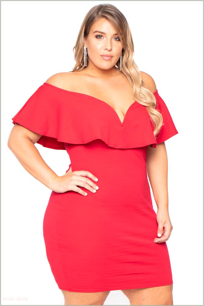  Plus Size Frill Bodycon Dress - Red NG1-CS0071-RD-1X