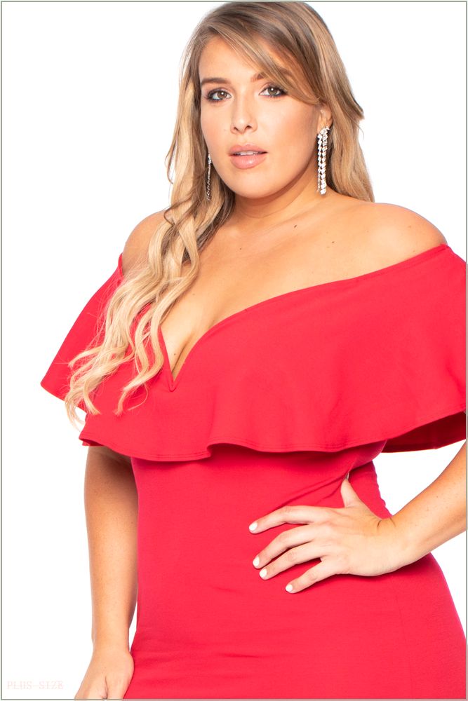  Plus Size Frill Bodycon Dress - Red NG1-CS0071-RD-1X