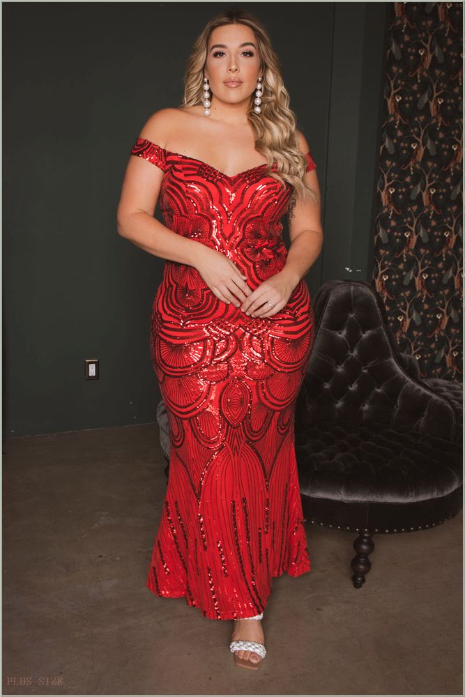  Plus Size Galilea Sequins Mermaid Gown - Red D60-P1013AP8-RD-1X