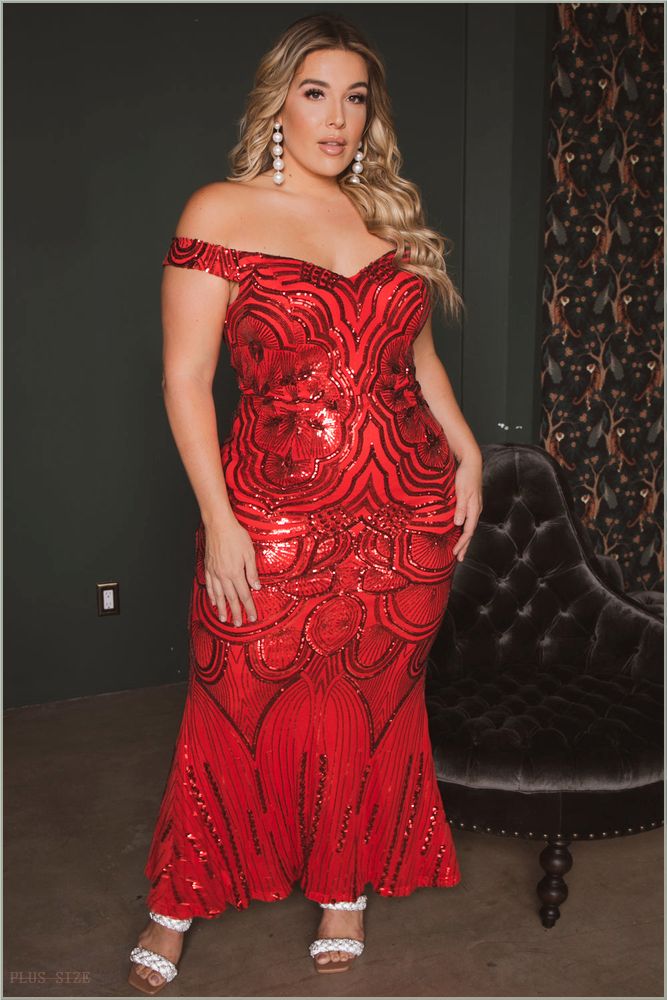  Plus Size Galilea Sequins Mermaid Gown - Red D60-P1013AP8-RD-1X