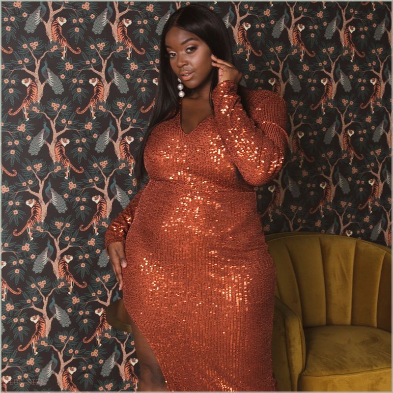  Plus Size Jaila Sequins Long Sleeve High Slit Dress Gown - Copper J22-P2116LD-CO-1X