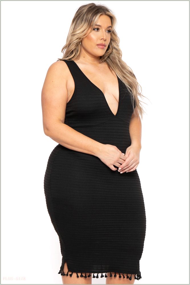  Plus Size Jane Ribbed Midi Dress - Black O38-CS2360-BK-1X