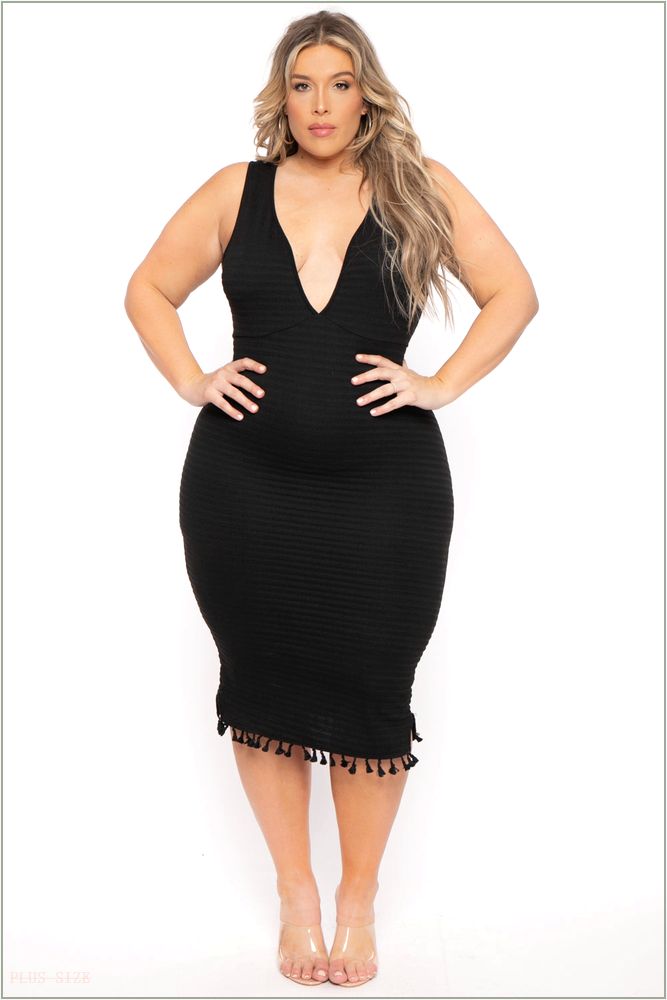  Plus Size Jane Ribbed Midi Dress - Black O38-CS2360-BK-1X