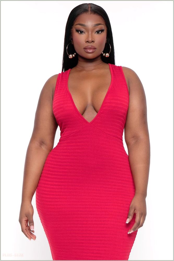  Plus Size Jane Ribbed Midi Dress - Red P20-CS2360-RD-1X