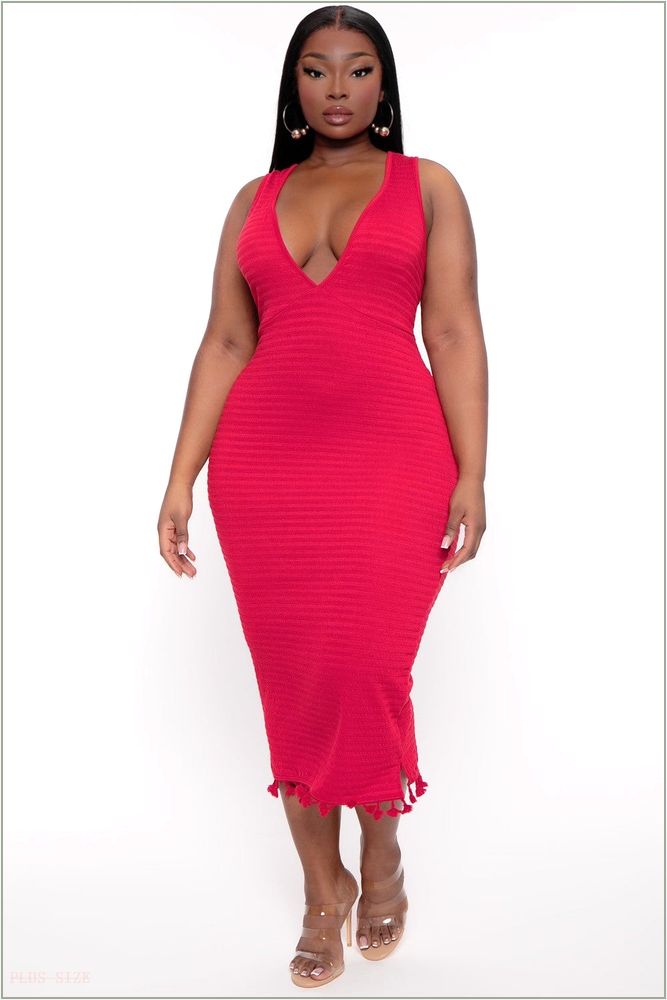  Plus Size Jane Ribbed Midi Dress - Red P20-CS2360-RD-1X