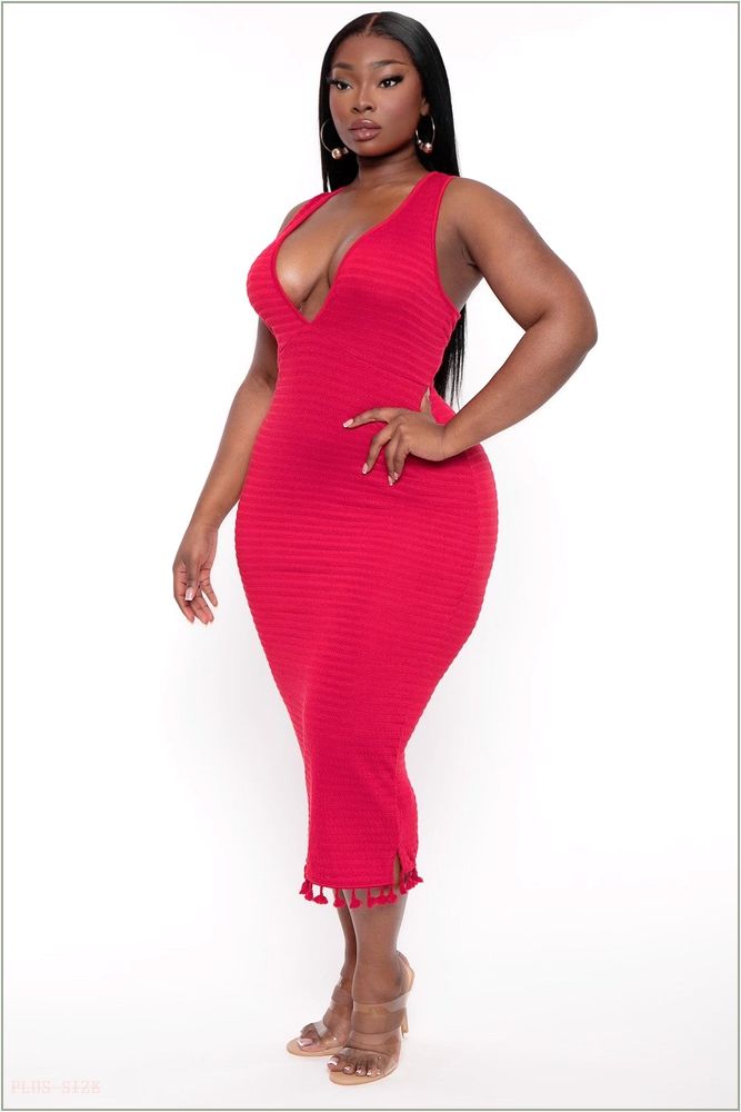  Plus Size Jane Ribbed Midi Dress - Red P20-CS2360-RD-1X