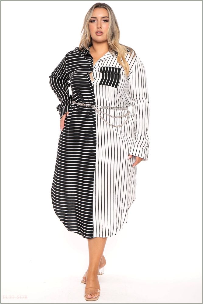  Plus Size Janey Shirt Midi Dress - White/Black Z357-PDD4523-WB-1X