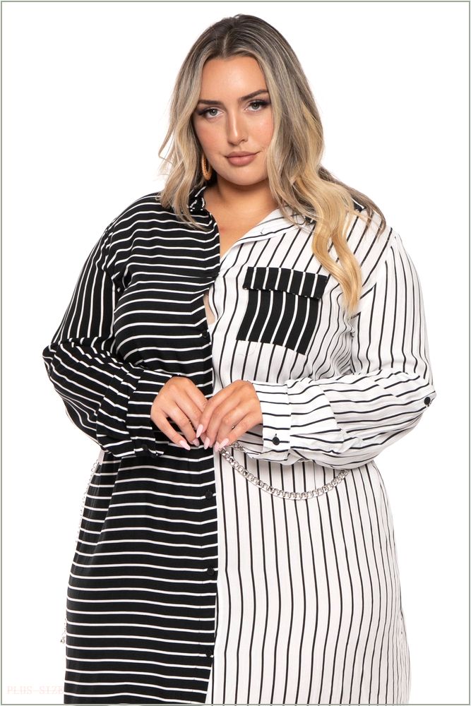  Plus Size Janey Shirt Midi Dress - White/Black Z357-PDD4523-WB-1X