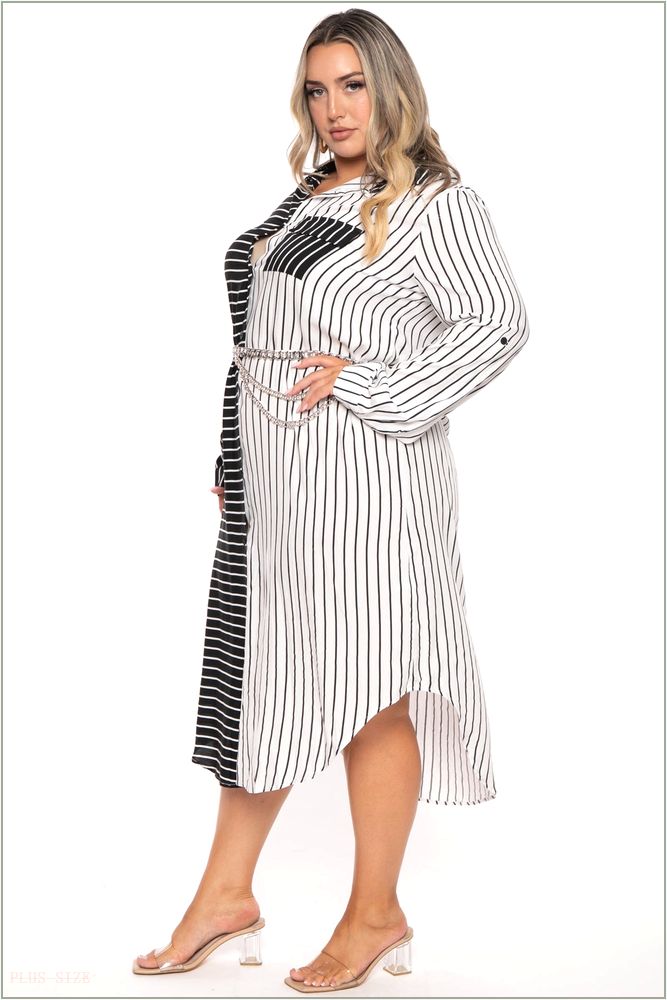  Plus Size Janey Shirt Midi Dress - White/Black Z357-PDD4523-WB-1X