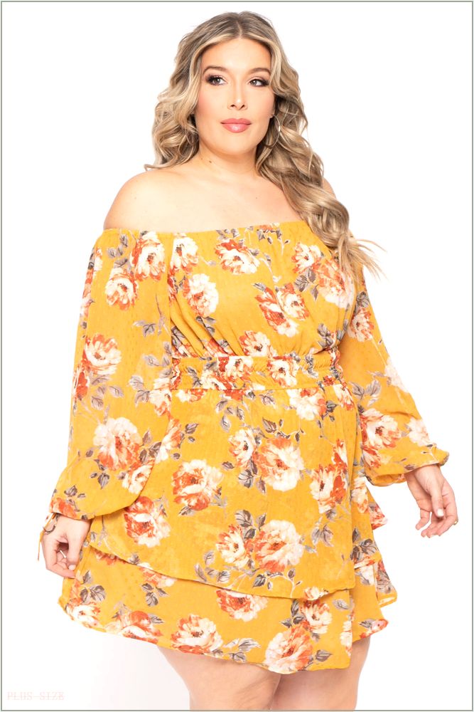  Plus Size Jolene Chiffon Floral Dress - Mustard A38-CS2283FP-MU-2X