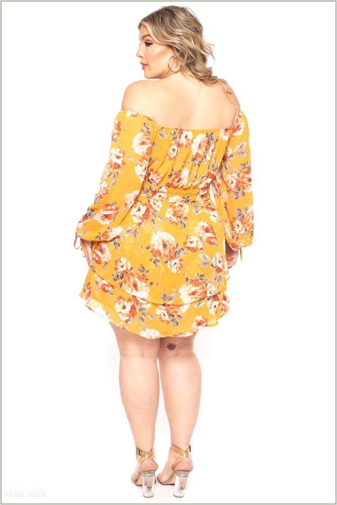  Plus Size Jolene Chiffon Floral Dress - Mustard A38-CS2283FP-MU-2X