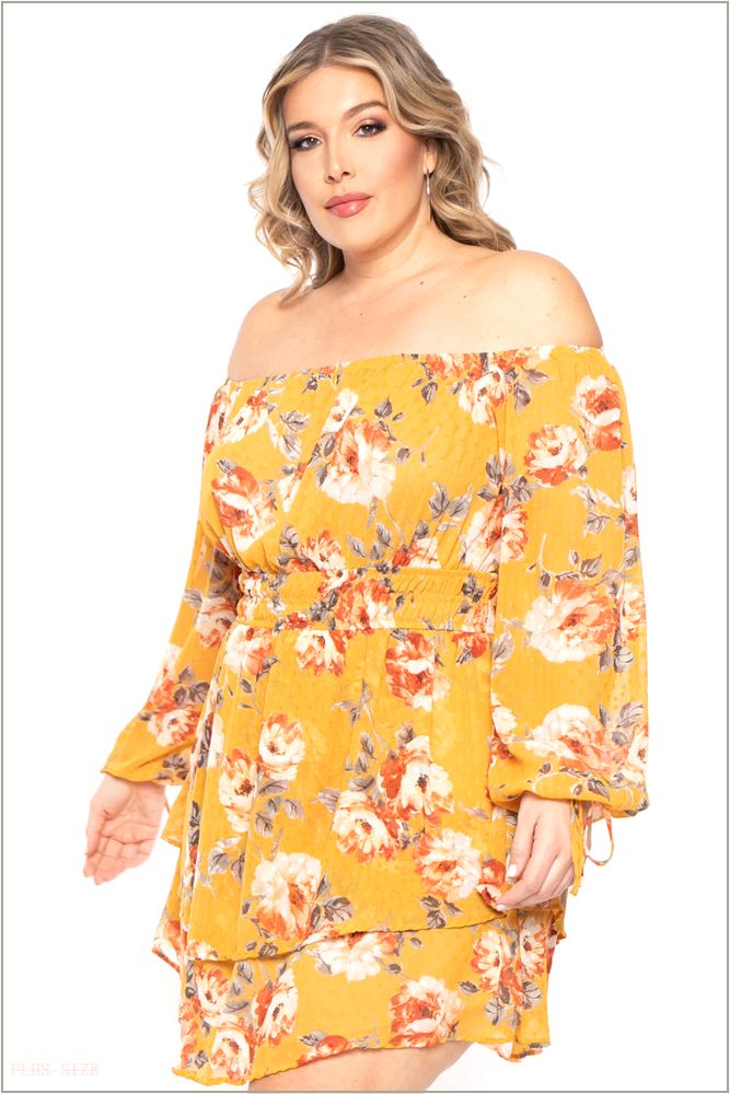  Plus Size Jolene Chiffon Floral Dress - Mustard A38-CS2283FP-MU-2X