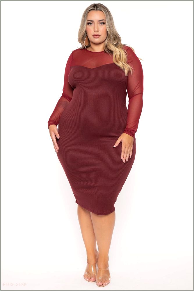  Plus Size Juliette Ribbed Midi Dress - Burgundy NG3-CS2543-BY-1X