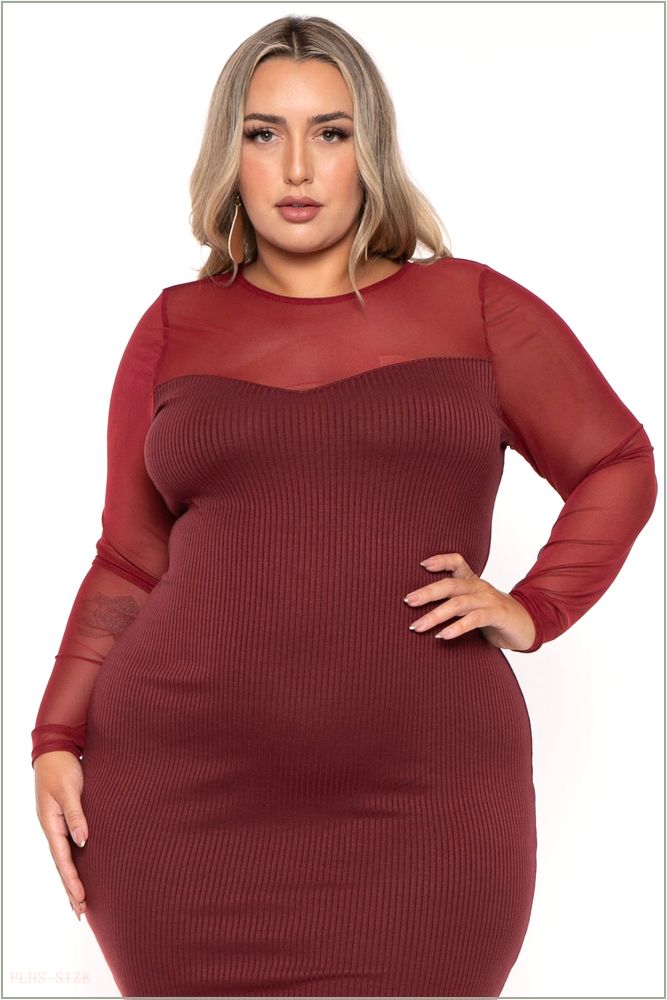  Plus Size Juliette Ribbed Midi Dress - Burgundy NG3-CS2543-BY-1X