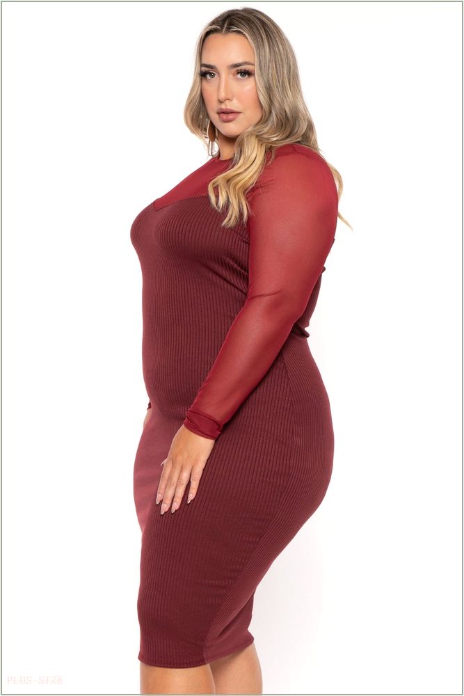  Plus Size Juliette Ribbed Midi Dress - Burgundy NG3-CS2543-BY-1X