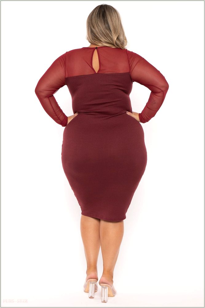  Plus Size Juliette Ribbed Midi Dress - Burgundy NG3-CS2543-BY-1X