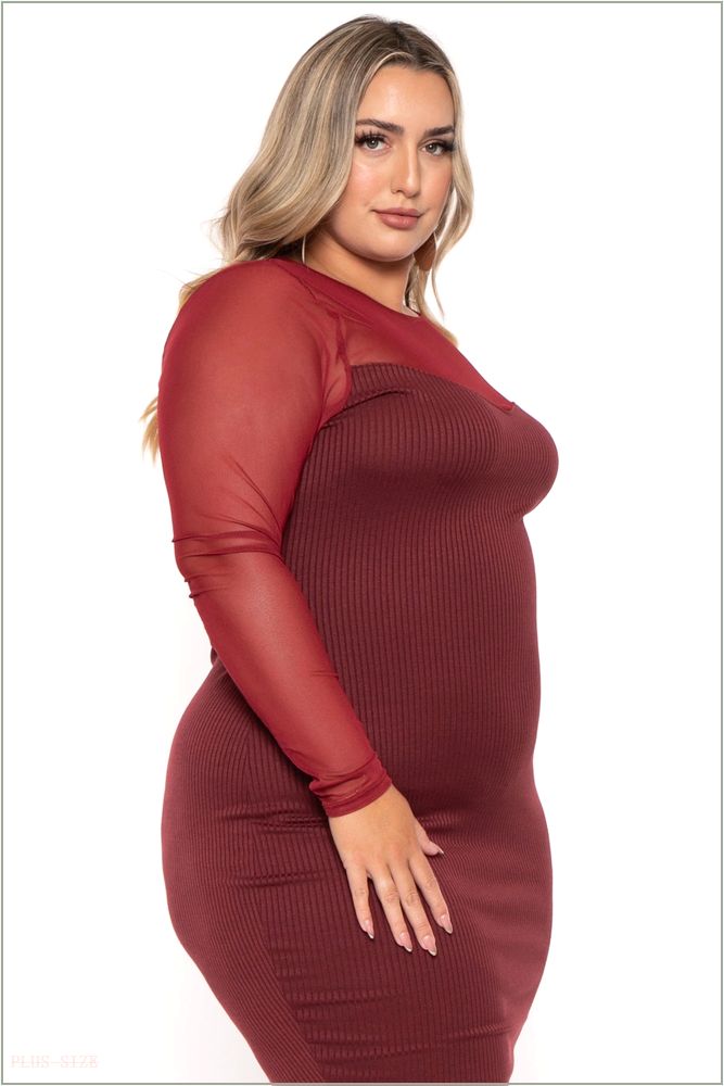  Plus Size Juliette Ribbed Midi Dress - Burgundy NG3-CS2543-BY-1X