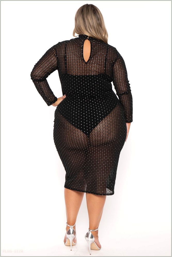  Plus Size Juliza Sheer Mesh Midi Dress - Black H16-GD81088-BK-1X