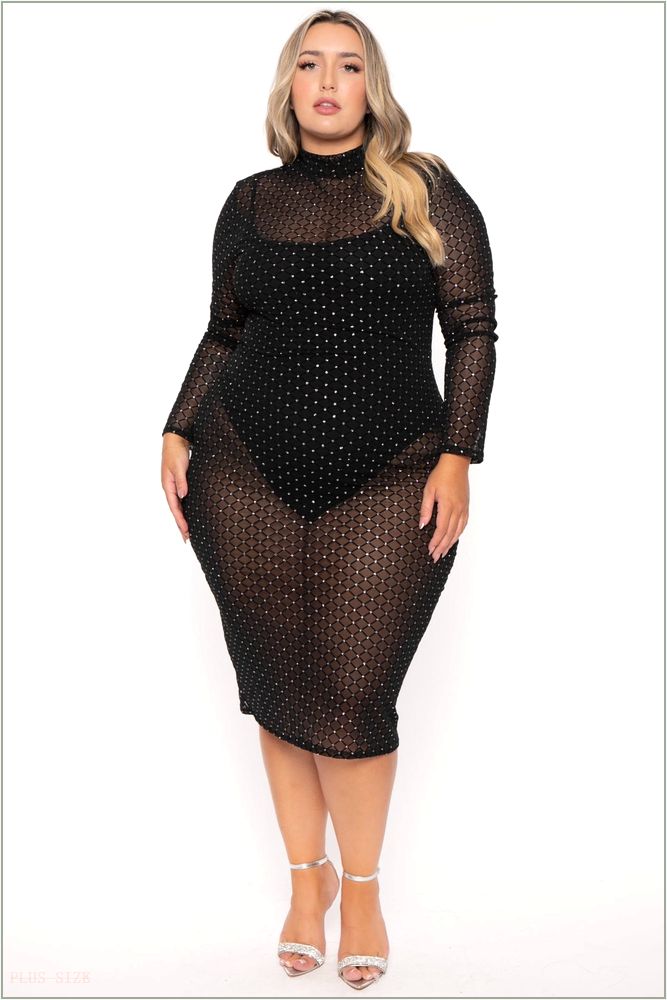  Plus Size Juliza Sheer Mesh Midi Dress - Black H16-GD81088-BK-1X