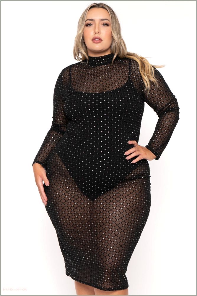  Plus Size Juliza Sheer Mesh Midi Dress - Black H16-GD81088-BK-1X