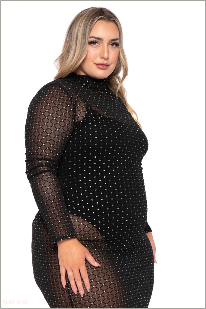  Plus Size Juliza Sheer Mesh Midi Dress - Black H16-GD81088-BK-1X