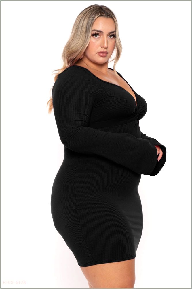  Plus Size Karem Front Twist Ribbed Dress - Black NG2-CS2550-BK-1X