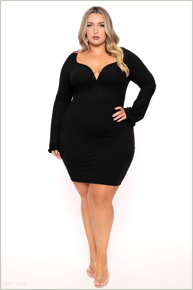  Plus Size Karem Front Twist Ribbed Dress - Black NG2-CS2550-BK-1X