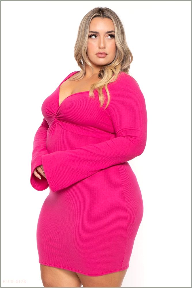  Plus Size Karem Front Twist Ribbed Dress - Fuchsia NG2-CS2550-FU-1X