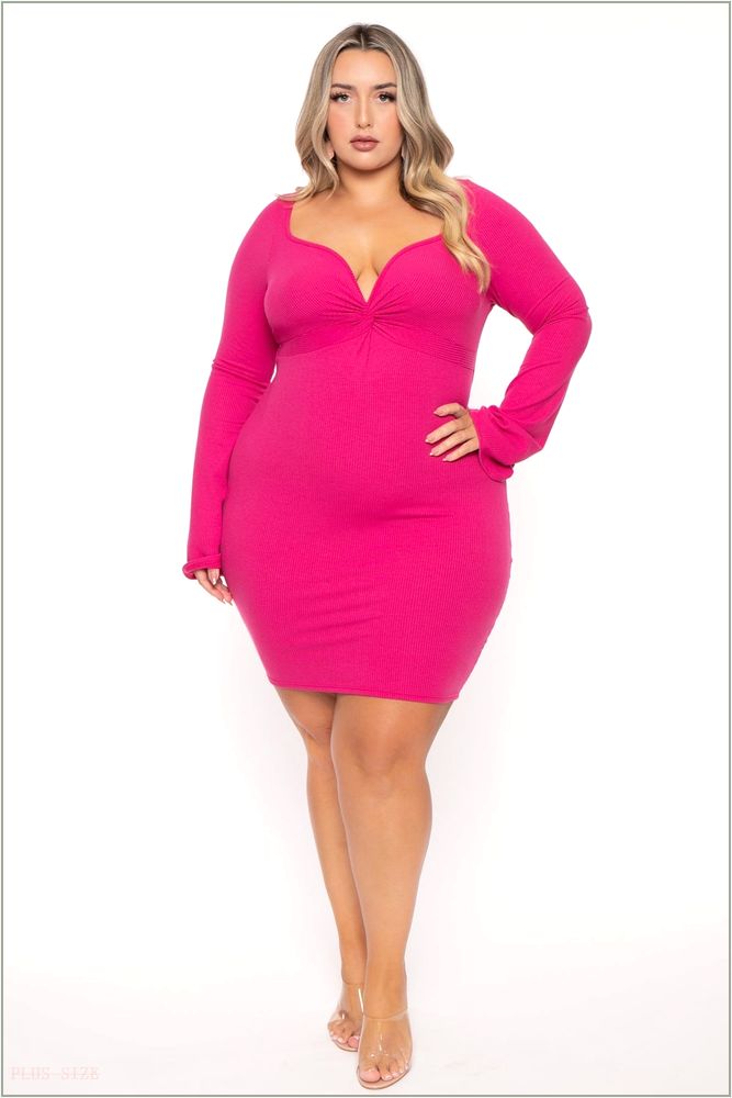  Plus Size Karem Front Twist Ribbed Dress - Fuchsia NG2-CS2550-FU-1X