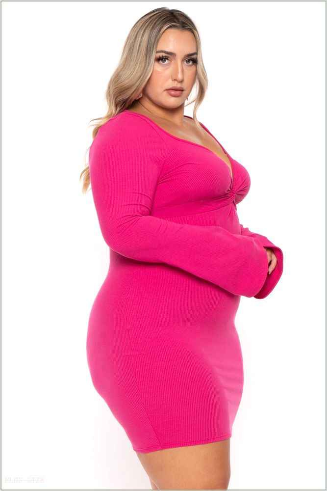  Plus Size Karem Front Twist Ribbed Dress - Fuchsia NG2-CS2550-FU-1X