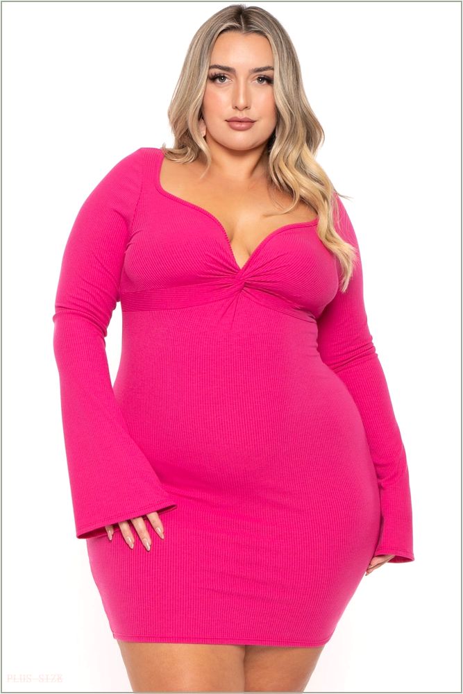  Plus Size Karem Front Twist Ribbed Dress - Fuchsia NG2-CS2550-FU-1X