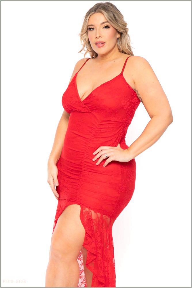  Plus Size Karisma Ruffle Lace Dress - Red M47-CS2328-RD-1X