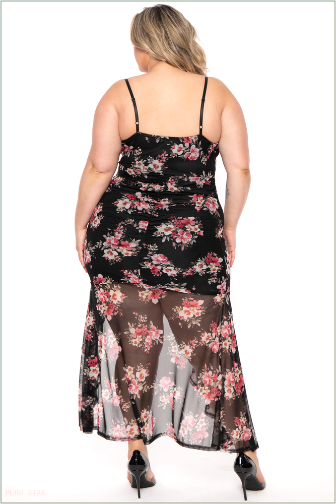  Plus Size Karisma Ruffle Printed Mesh Dress - Black H1-CS2466-BK-1X