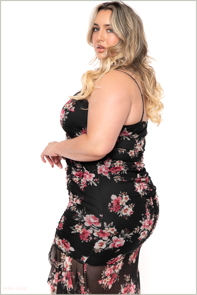  Plus Size Karisma Ruffle Printed Mesh Dress - Black H1-CS2466-BK-1X