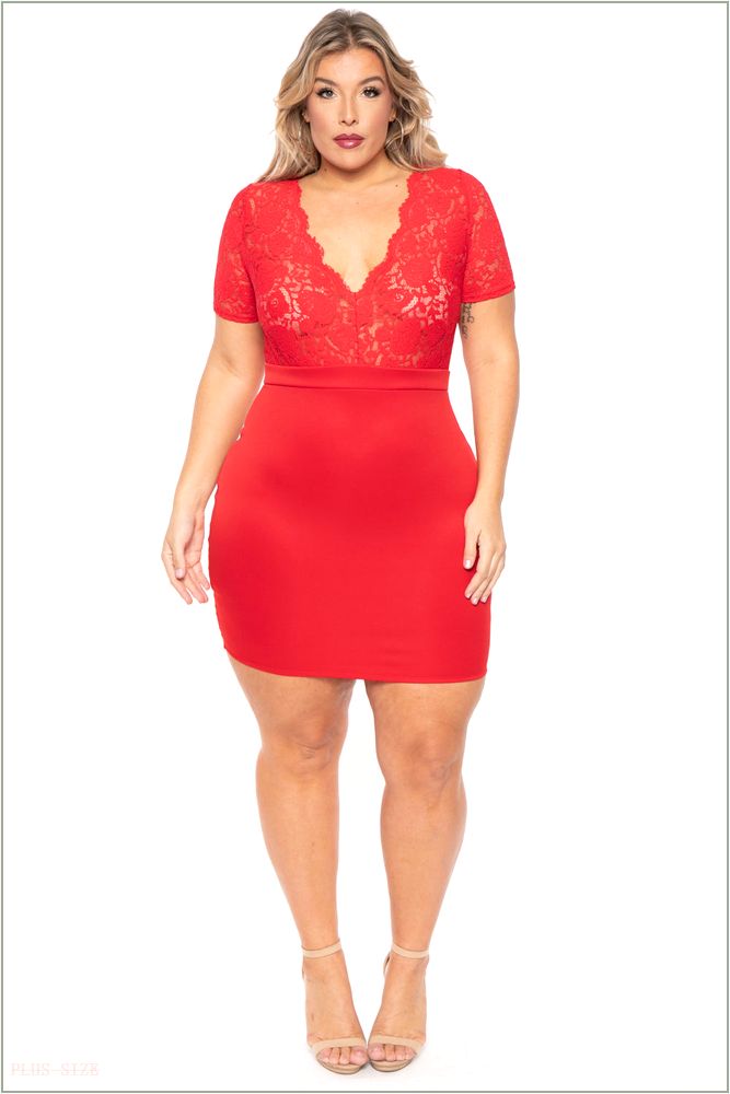  Plus Size Lace Top Dress - Red P23-CS0873-RD-3X