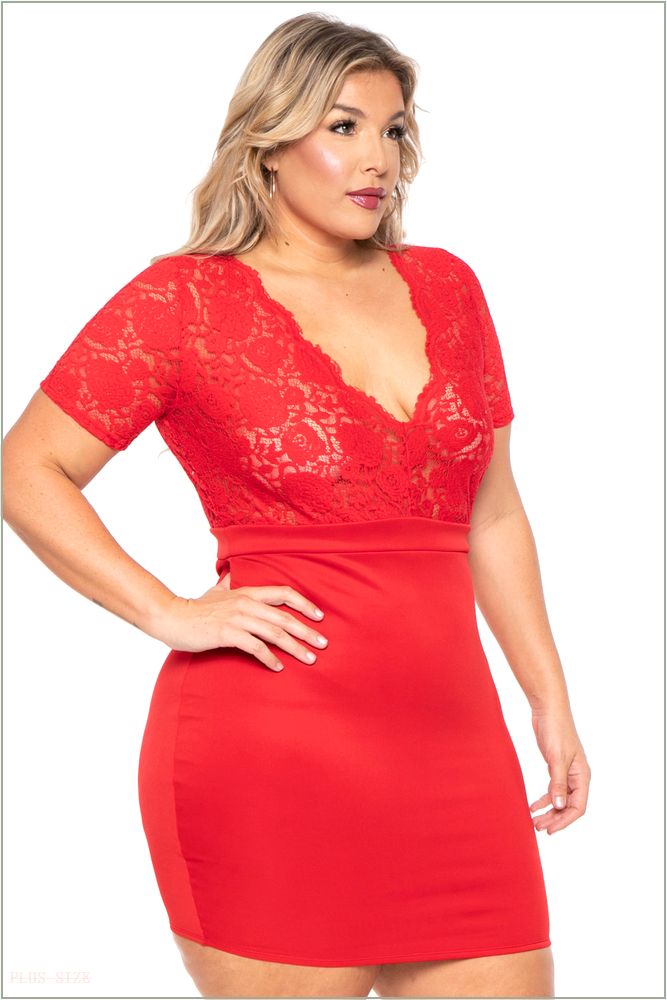  Plus Size Lace Top Dress - Red P23-CS0873-RD-3X