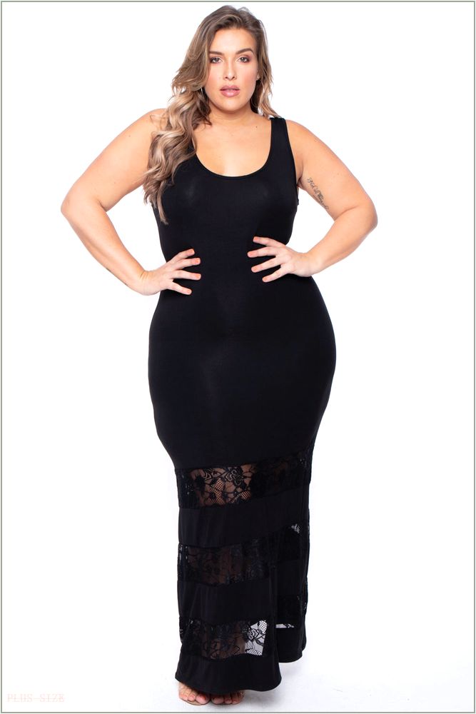  Plus Size Lace Trim Maxi Dress - Black H11-CS0374-BK-1X