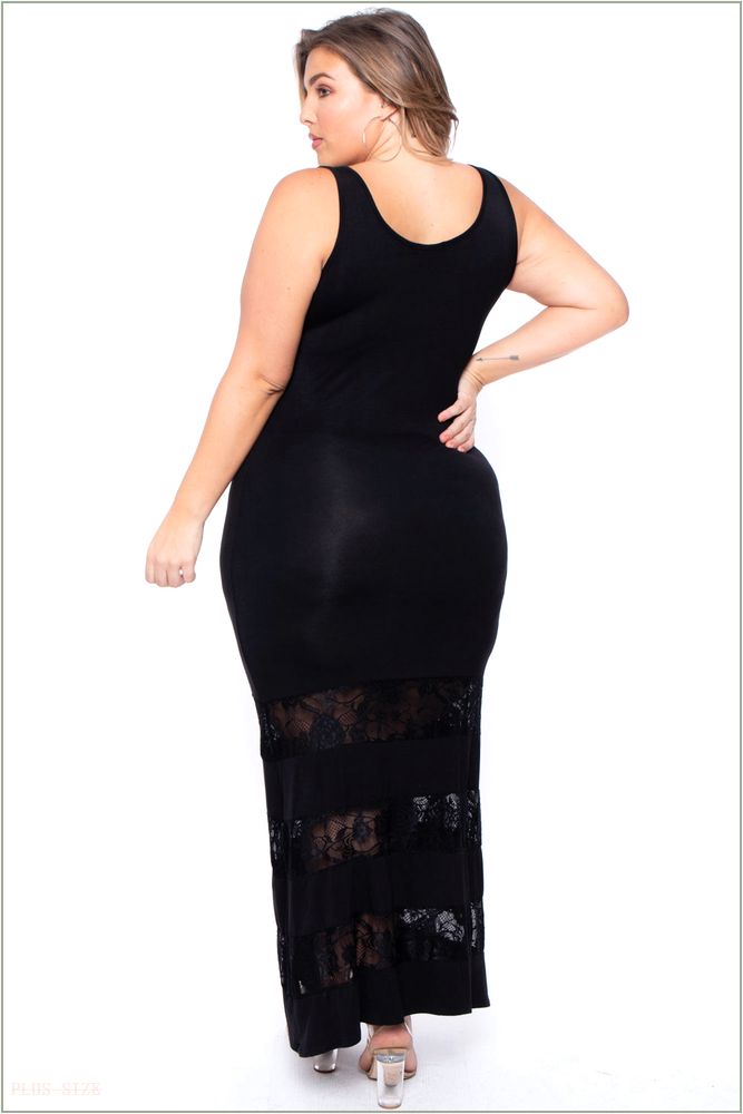  Plus Size Lace Trim Maxi Dress - Black H11-CS0374-BK-1X