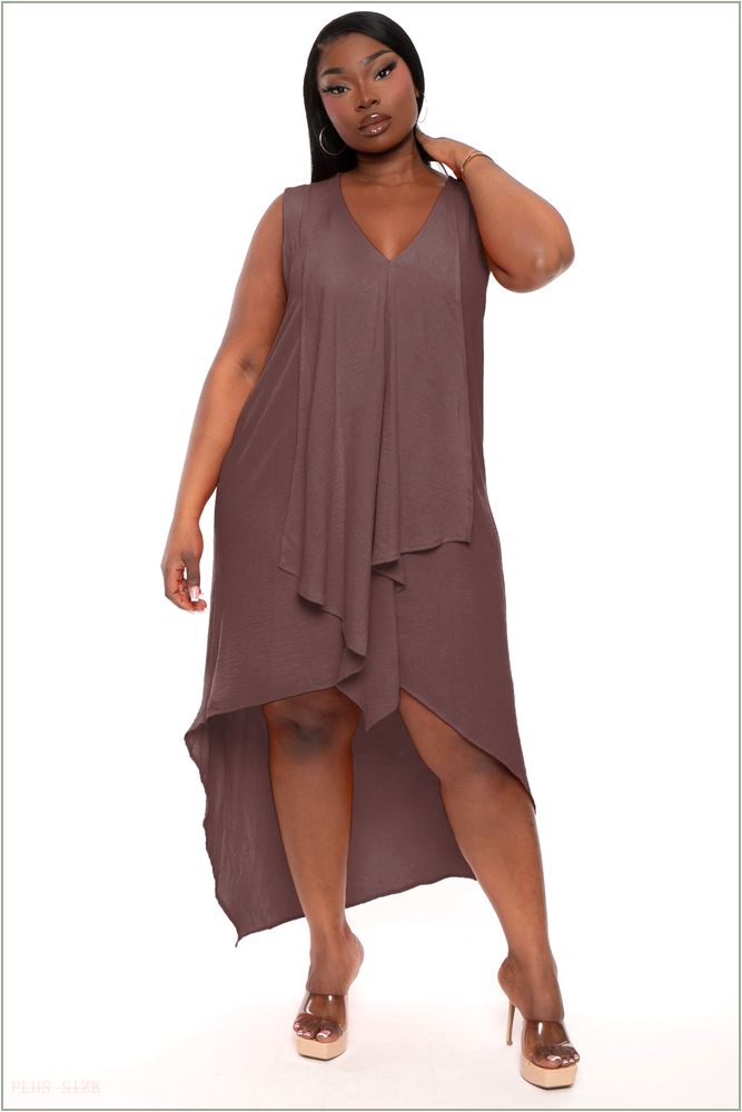  Plus Size Lattise Front Draped Dress - Brown H15-KRD4096P-BR-1X