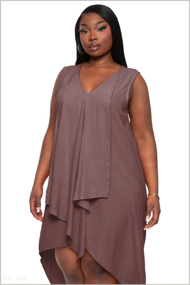  Plus Size Lattise Front Draped Dress - Brown H15-KRD4096P-BR-1X