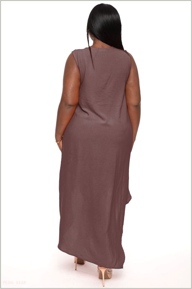  Plus Size Lattise Front Draped Dress - Brown H15-KRD4096P-BR-1X