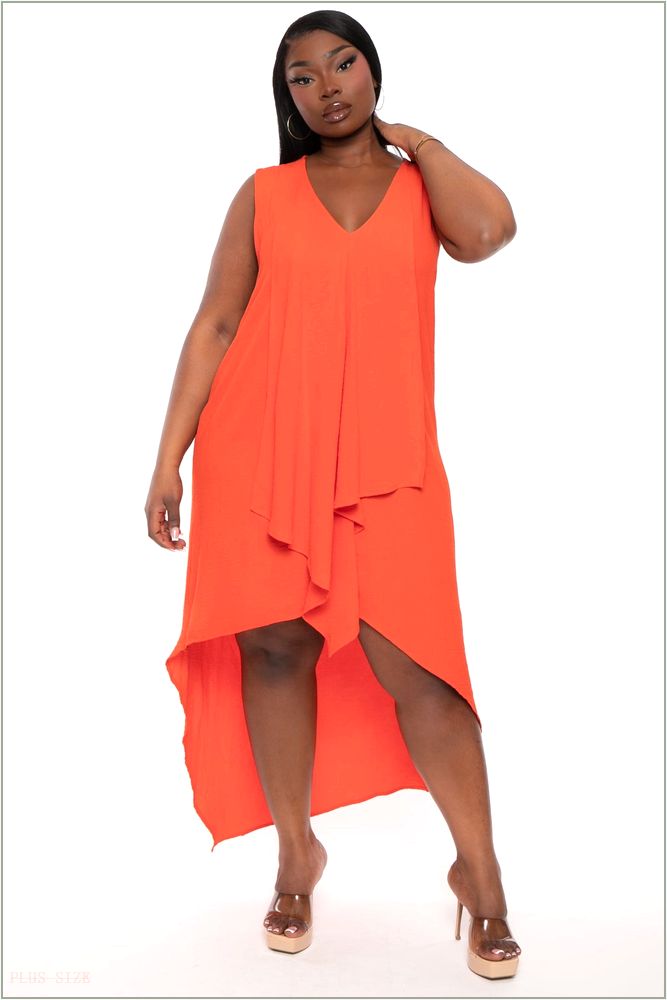  Plus Size Lattise Front Draped Dress - Orange H15-KRD4096P-OR-1X