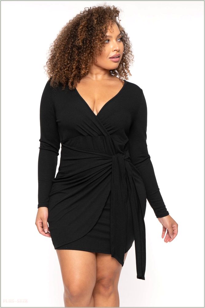  Plus Size Letty Ribbed Front Knot Dress - Black H8-CS2553-BK-1X