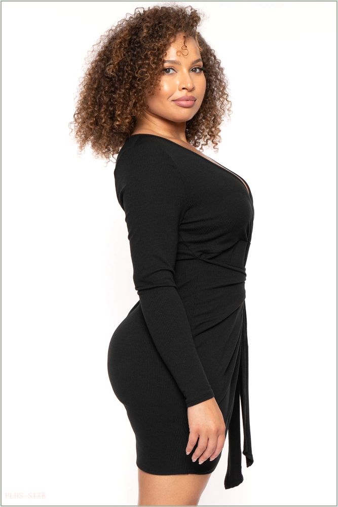  Plus Size Letty Ribbed Front Knot Dress - Black H8-CS2553-BK-1X