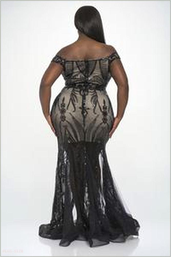  Plus Size Lucia Off the shoulder Velvet Sequin Gown - Black E77-P2231-BK-1X