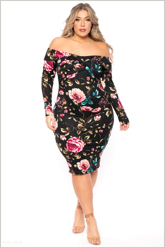  Plus Size Lydia Floral Midi Dress- Black T31-CS1829FP-BK-1X