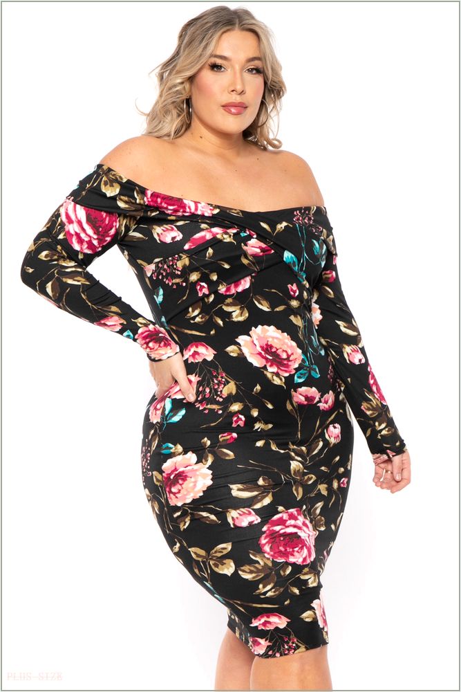  Plus Size Lydia Floral Midi Dress- Black T31-CS1829FP-BK-1X